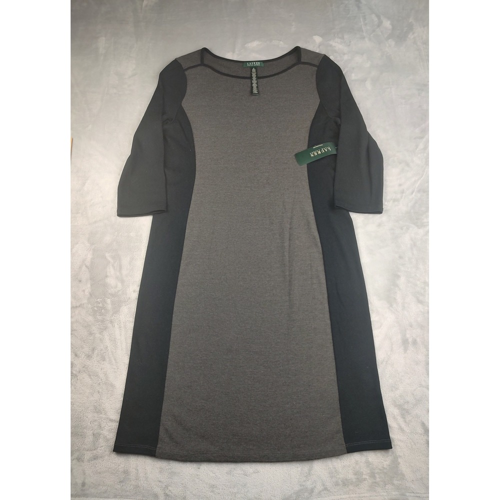 Lauren Ralph Lauren Women XL Gray Black Colorblock 3/4 Sleeve Knit Dress